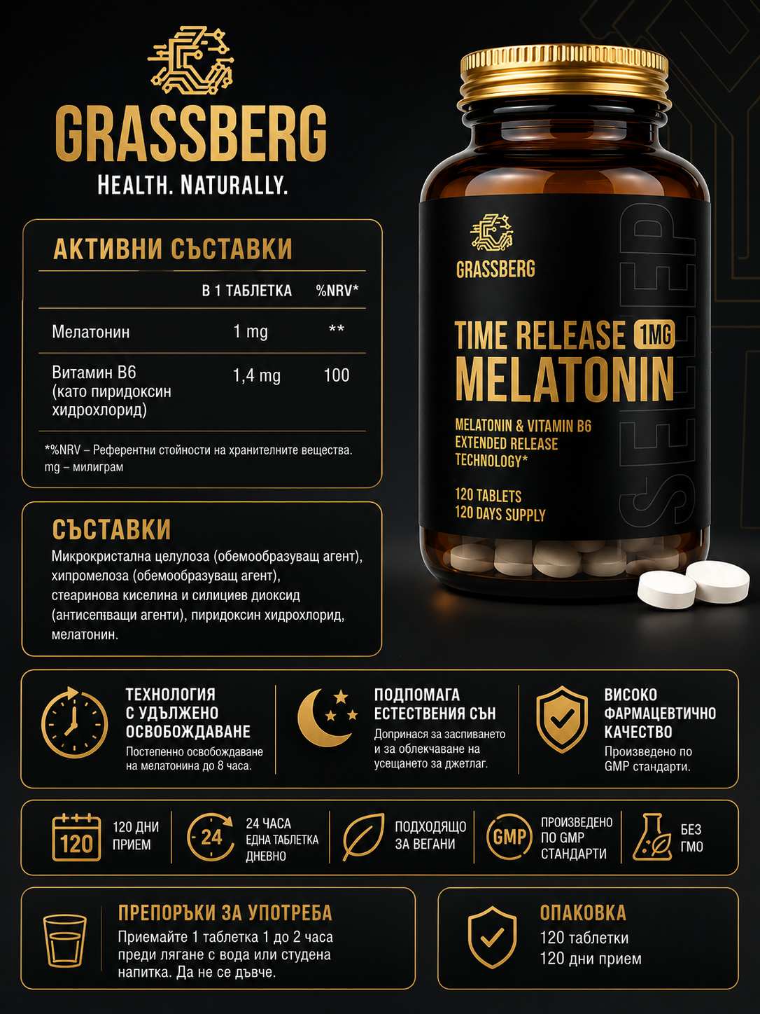 Съдържание на Grassberg Melatonin 1mg Time release 120 tabs
